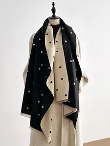 Women's Elegant Heart Print Double Sided Scarf, Soft Woven Fabric, Fitted Design, Perfect for Fall & Winter, Stylish Warm Accessory