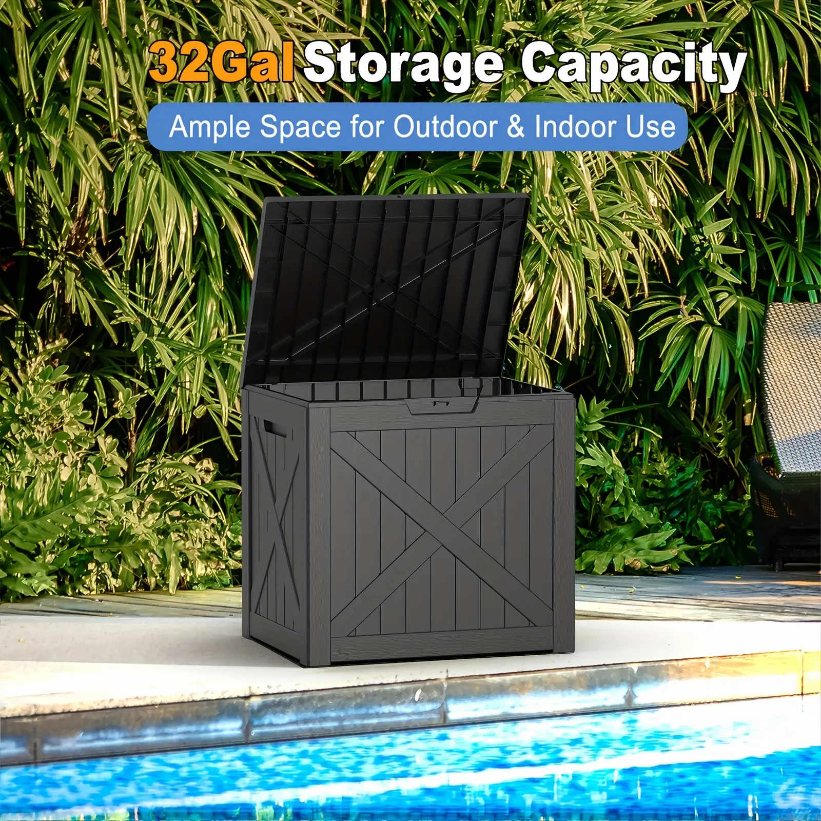 Vintage Style Resin Outdoor Storage Bench - 35-Gallon Lockable Weatherproof Unit for Tools, Pool Accessories