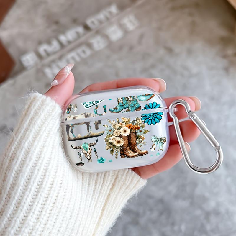 Western Charm Collage Pattern TPU Soft Protective Case for Apple AirPods 4/3/2/1/Pro/Pro2 Transparent Earphone Cover with Keychain Attachment
