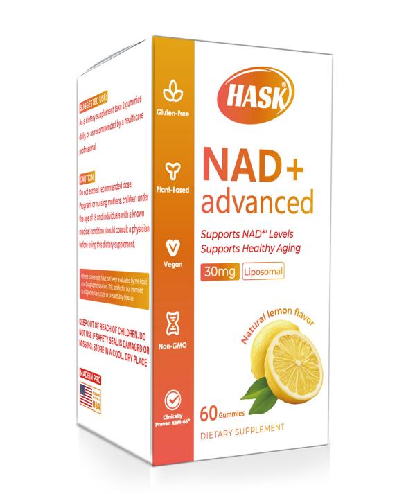 HASK NAD+ Advanced Liposomal Gummies - Anti-AgingCell Boost -Natural Lemon Flavor - 30 Vegan Gummies500 mg NAD+ and 50 mg Resveratrol