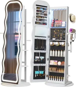 Vlsrka LED Mirror Jewelry Cabinet Standing, 360° Swivel Jewelry Aromire Organizer with Wavy Mirror, Lockable Jewelry Mirror with Storage, Jewelry Cabinet, Interior Mirror, Foldable Shelf (LED White)