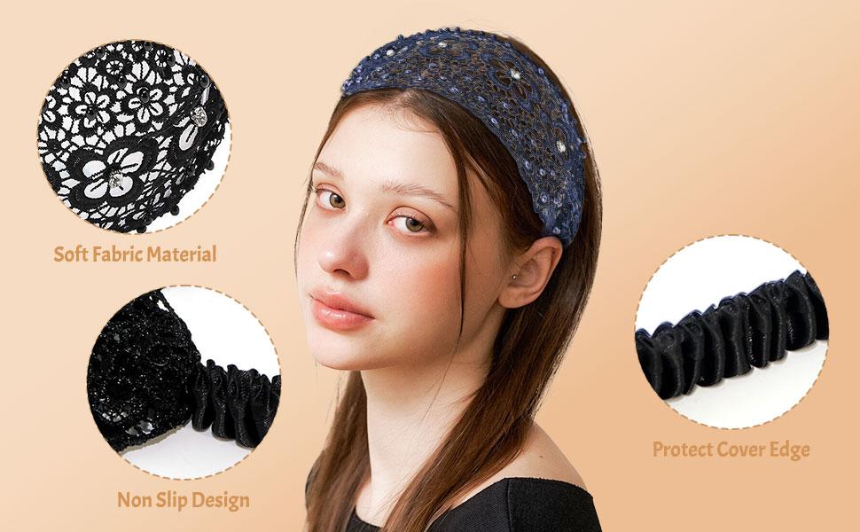 Women's Elegant Lace Floral Rhinestone Beaded Wide Headbands | HairTok CoquetteTok VintageTok OldMoneyAesthetic Non Slip Elastic Back Head Wraps | Fashion Hair Accessories for Daily Party Wedding Bridal Bridesmaid Outfits