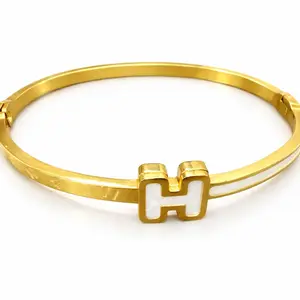 Gold-Tone Enamel Letter H Bangle Bracelet for Women - Stylish & Elegant Jewelry Accessory