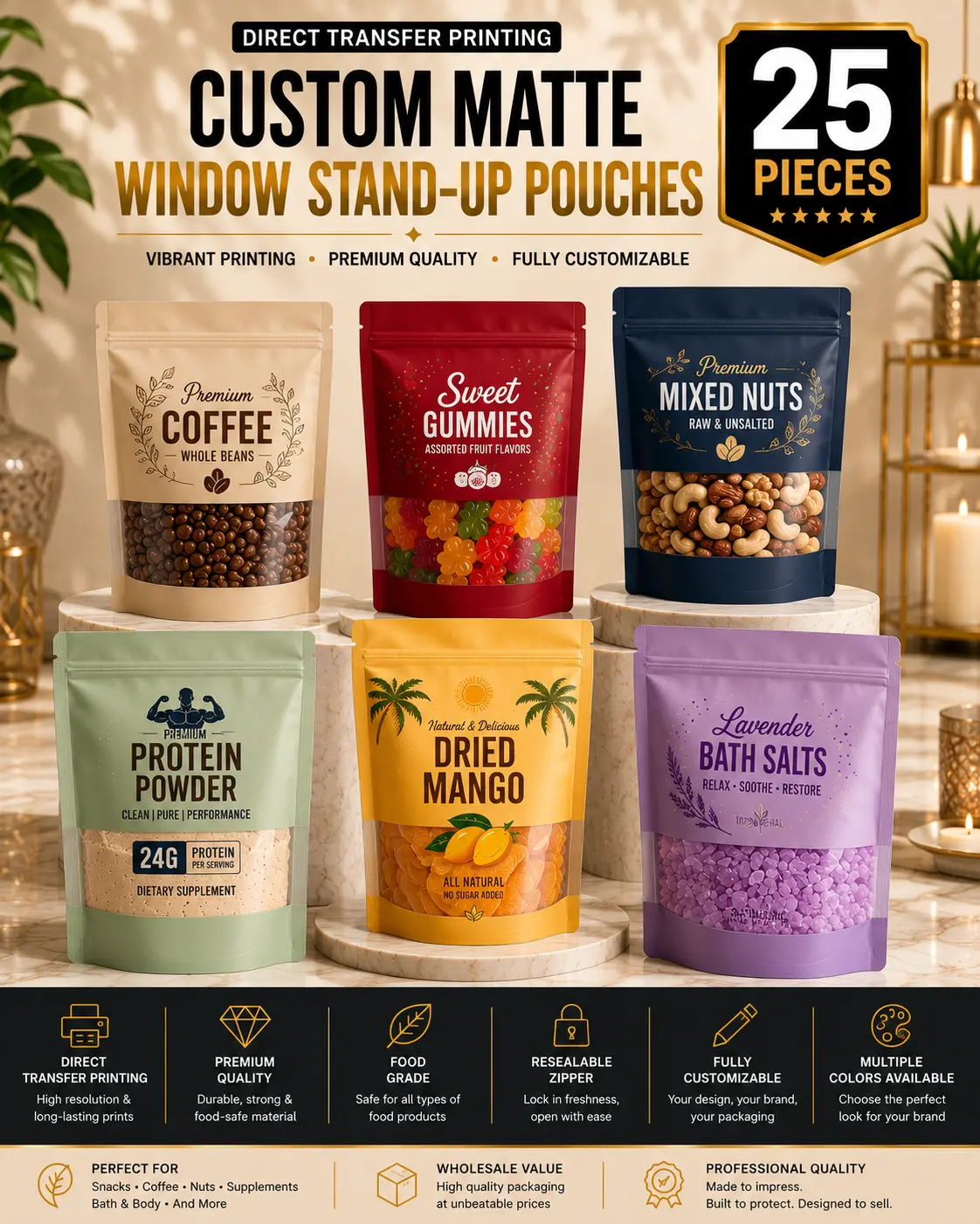 Custom Matte Stand-Up Pouches Window | Direct Transfer Printing| 25 Pieces