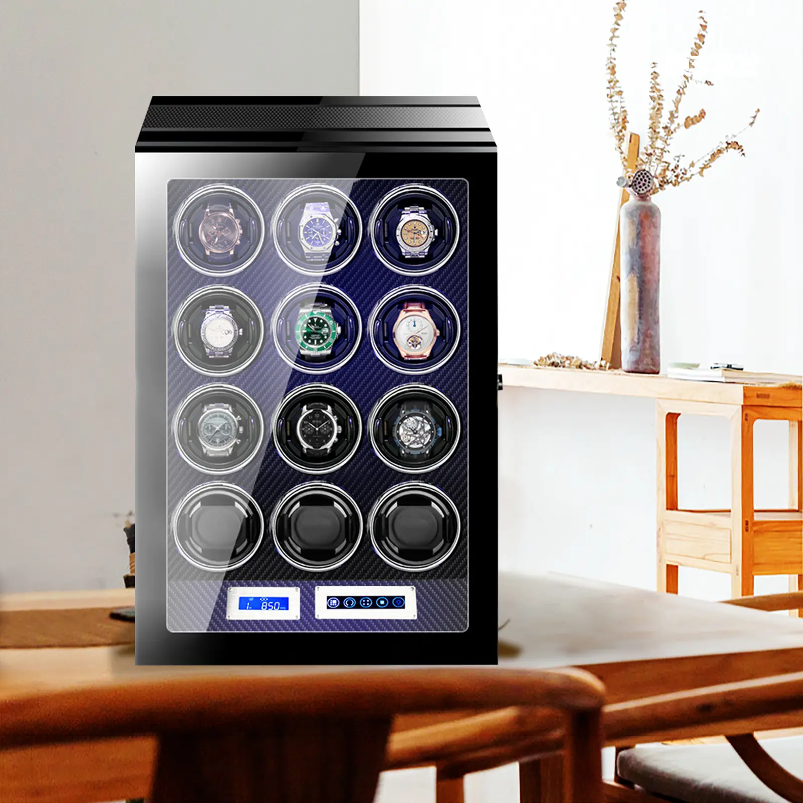 LELTNSOU 12-Slot Walnut Watch Winder with Color LED Lights & Key Lock – Quiet & Premium  Special care for high-end men's watches，  Rolex exclusive maintenance, luxury storage box, Vacheron Constantin exclusive, Patek Philippe storage box