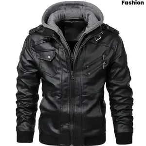 2025 New Men's Fashion Multi-pocket PU Jacket with Detachable Hood Slim Motorcycle Jacket Menswear Coats western clothing western wear men