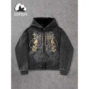 Men’s Vintage Hooded Sweatshirt, Gothic Cross Print Zip-Up Cardigan, Casual Street Style, Spring & Autumn Fashion, Unique Design