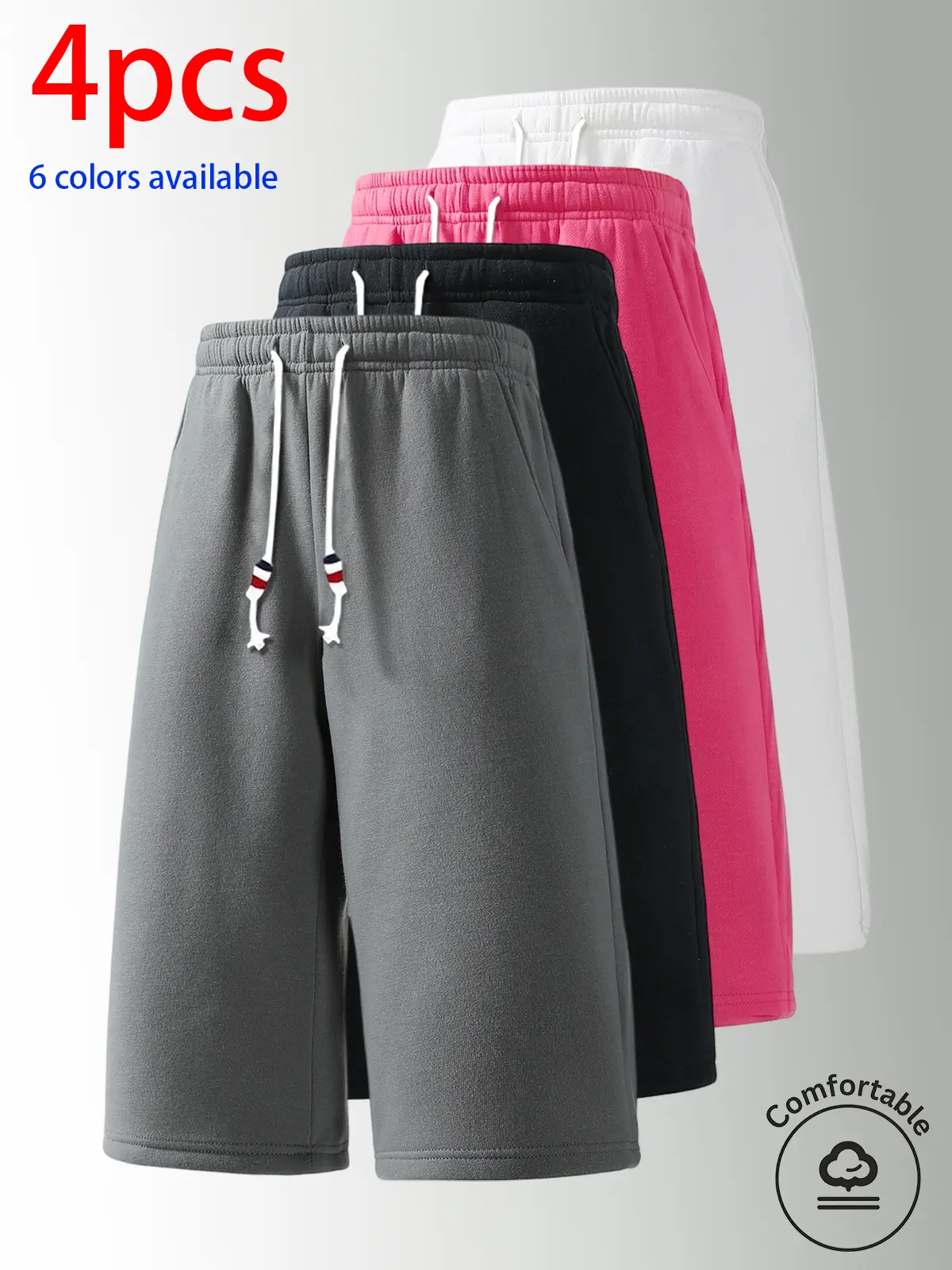 4-Pack Men’s Shorts: men’s casual shorts, men’s mid-length shorts, men’s athletic shorts. Loose straight fit, elastic waistband with drawstring design, available in multiple colors, solid color—comfortable and versatile. Suitable for everyday casual wear,
