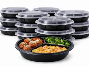 48oz 3 compartment One Time Use Plastic Black BPA Free Food Prep Containers, Bento Box, Fast Food Take Out Box, BBQ Box, Portable, Stackable, Extra Thick, Microwavable, Freezer Safe, Disposable, Leak proof, Dish Washer Safe