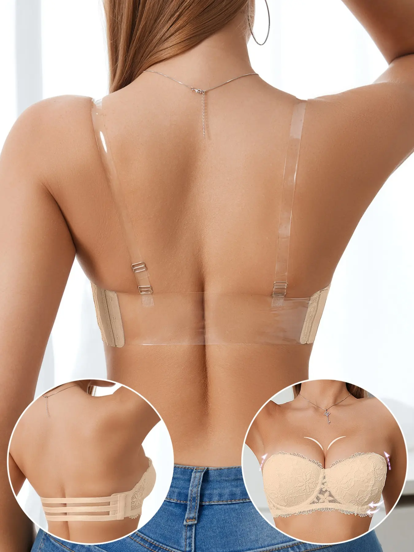 Women's Lace Push-Up Backless Bandeau, Chic Multiway Underwire Lift Anti‑sagging Strapless Breathable Underwear Bra Invisible Non‑slip comfort Backless off-shoulder Dresses Lingerie Elegant Clothes Lace Bras
