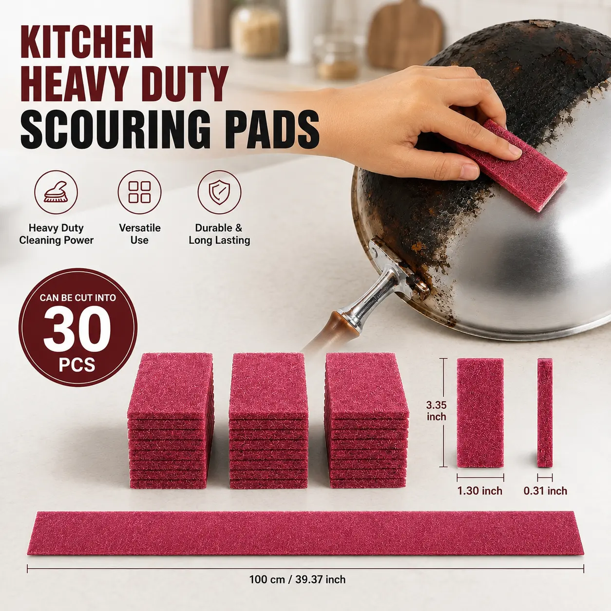 30 counts Heavy Duty Household Scouring Pads  Abrasive Pads Designed for household cleaning; ideal for removing burnt-on food from cookware and stubborn grease an abrasive cleaning pad that won't damage surfaces.