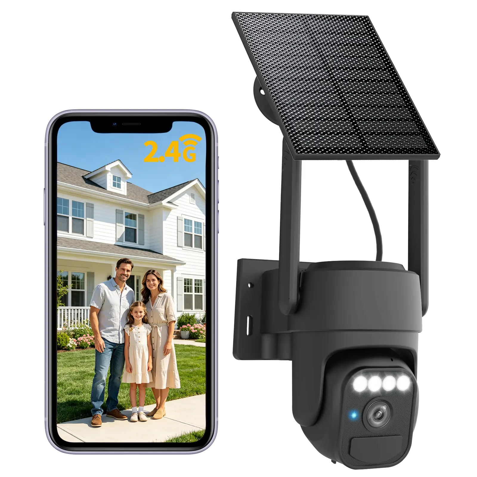 Wi-Fi Solar Security Camera Wireless Outdoor, Night Vision, IP65 Weatherproof, Motion Detection, Pan & Tilt Control, Two-Way Audio