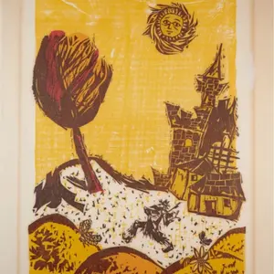 Beautiful Mid Century Morton Garchik Woodblock Sunny Landscape w/ Bees & Castle