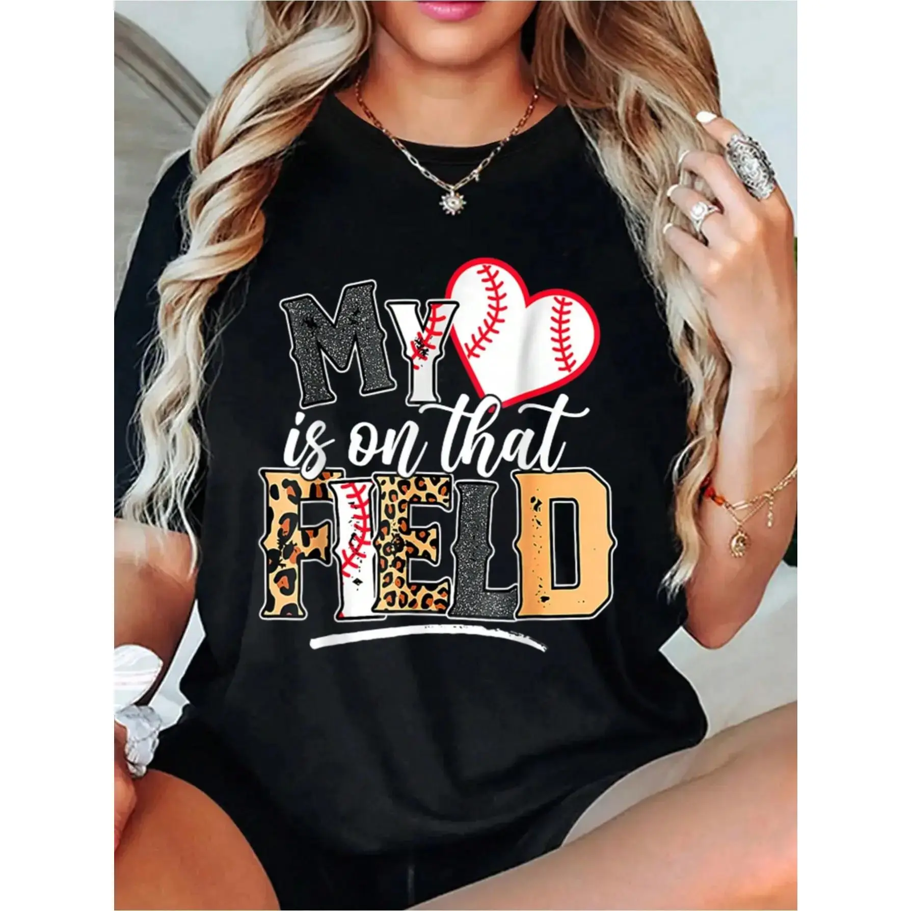 [Ssummer outfits]My Heart Is On That Field Mother's Day Baseball Mom Women T-Shirt Women T Shirt, Short Sleeve Round Neck Casual Top For Summer & Spring, Women's Clothing Vintage In Utero Graphic Tee Men's Double-Sided Eat Sleep Goon Repeat Grunge Album