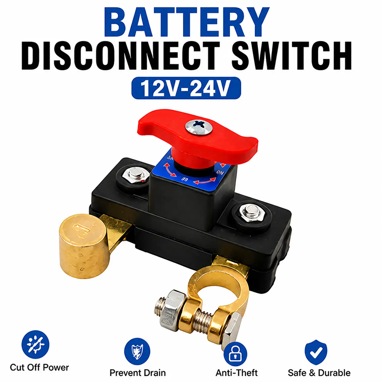Battery Disconnect Switch 12V-24V, Heavy Duty Battery Cut Off Switch for Car Truck RV Boat, Pure Copper High Conductivity Power Shut Off, Manual Rotary Kill Switch, Prevent Battery Drain, Vehicle Accessories