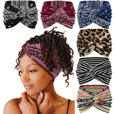 Women's Bohemian Wide Headband Set (6 Pack) - Sweat-Ready Sweat Absorbing Sports Headbands, Breathable Workout Hairwraps for Yoga/Running, Ideal for Fitness Activities
