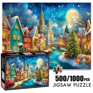 1pc 1000 piece adult puzzle 70x50cm Christmas - themed Snowy Village with Bridge, Tree and Car 500 pieces of paper jigsaw puzzle, suitable for adults and families, large-scale DIY puzzle interact