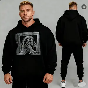 Rhinestone Horse Hoodie | Black & White Streetwear Pullover | Bold Geometric Frame Design | Premium Fleece Fabric | Trendy Hip-Hop Casual Sweatshirt | Relaxed Fit Hooded Top | Must-Have Urban Fashion Piece For Men Embroidered Graphic Crewneck Sweatshirt
