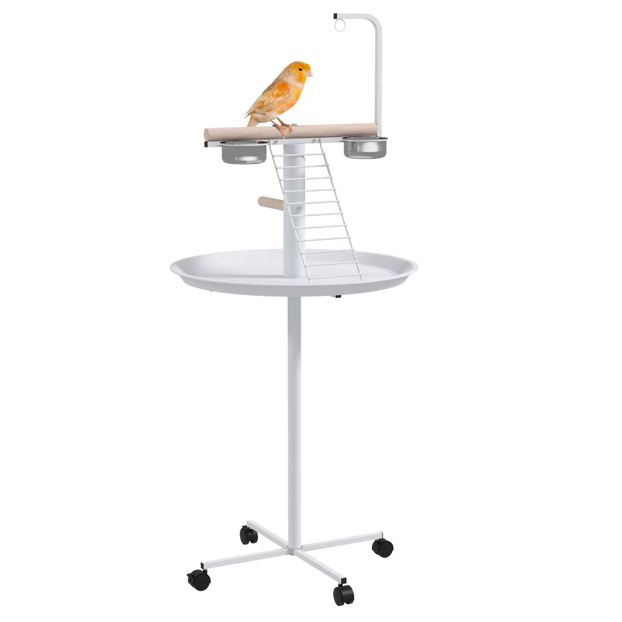 Bird Stand with Wheels – Parrot Stand with Perches, 2 Stainless Steel Bowls, Round Mess Tray, Ladder & Boom, 4 Casters (2 Brakes), Steel Frame