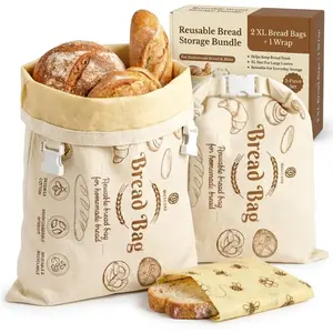 3 Pack Cotton Beeswax Bread Bags for Sourdough - 2XL Organic Reusable with Bees Wax Lining & Buckle Closure + 1 Beeswax Wrap, Freezer Safe, Eco-Friendly & Easy to Clean