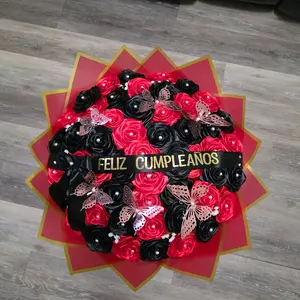 Feliz Cumpleaños, Happy Birthday Bouquet - 50 handmade red and Black Roses with 6 Butterfly Accents for a Festive Celebration