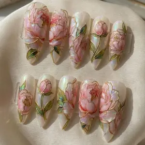 Ethereal Peony Stained Glass Press On Nails | 3D Hand Painted Gold Chrome Nail Art