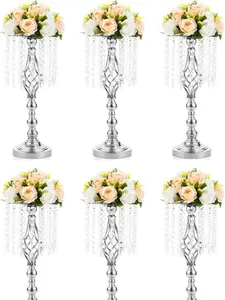 Crystal Flower Stand Wedding Road Lead Tall Flower Holders Centerpiece Crystal Flower Chandelier Metal Flower Vase for Reception Tables Wedding Supplies (Medium - 6 Pcs, Silver)