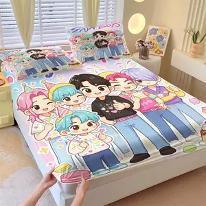 3-Piece K-pop Boy Group Fitted Sheet Set, 1 Fitted Sheet + 2 Pillowcases, Ultra Soft & Breathable Microfiber, Deep Pocket Non-Slip Mattress Cover, Cute Birthday Party Cartoon Bedding for Teens Bedroom Dorm