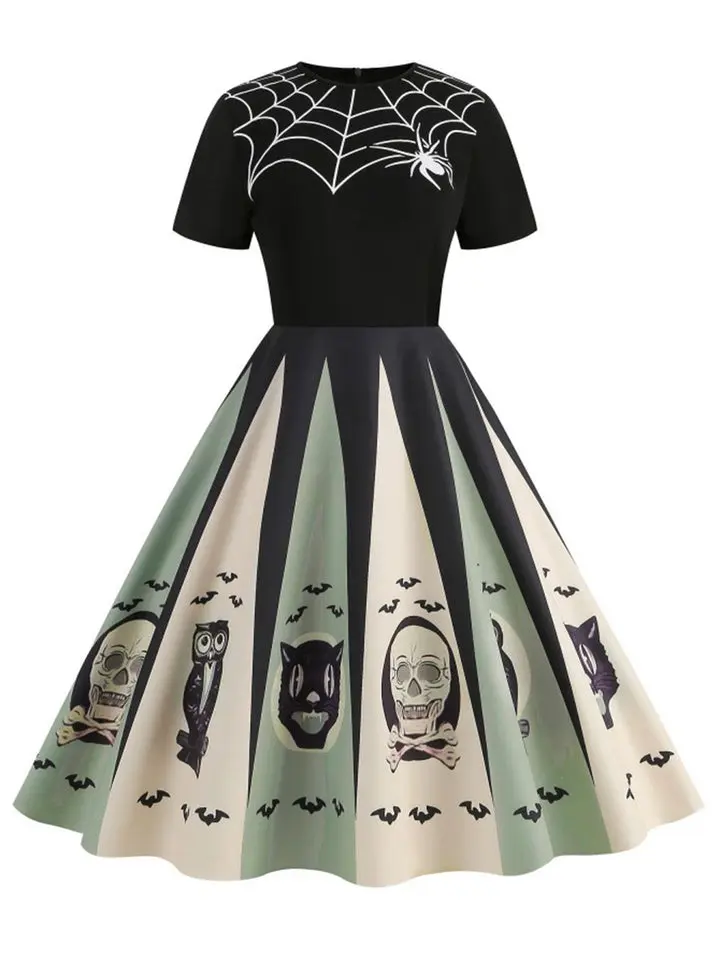RETRO STAGE Women's Black 1950s Vintage Spider Web Print Patchwork Casual Dress, Women's Halloween Special Clothing, Fabric Blend, Back Zipper