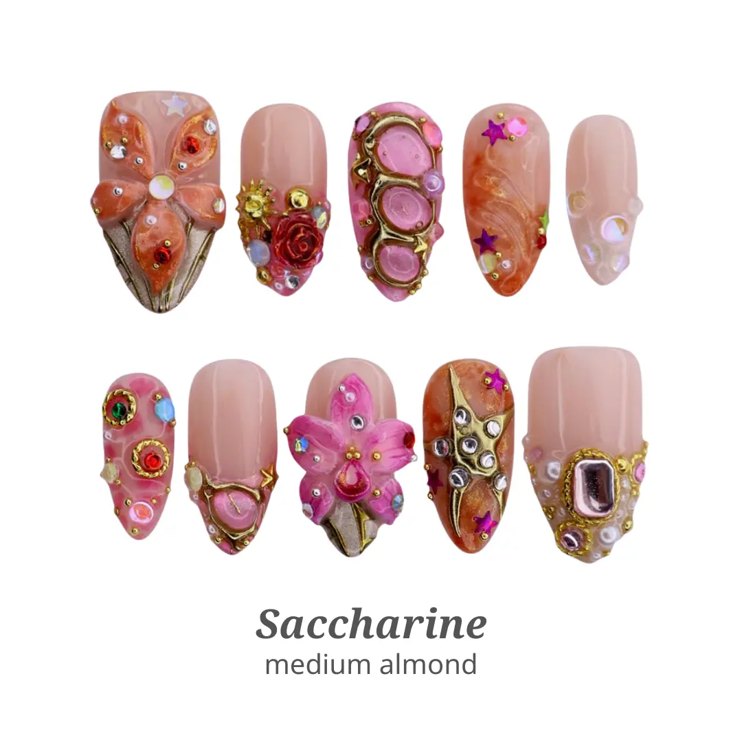 Lilynailsart | Maximalist Pink Floral Nails – Gold Chrome 3D Flower Rhinestone Pearl Nails – Medium Almond Luxury Nails