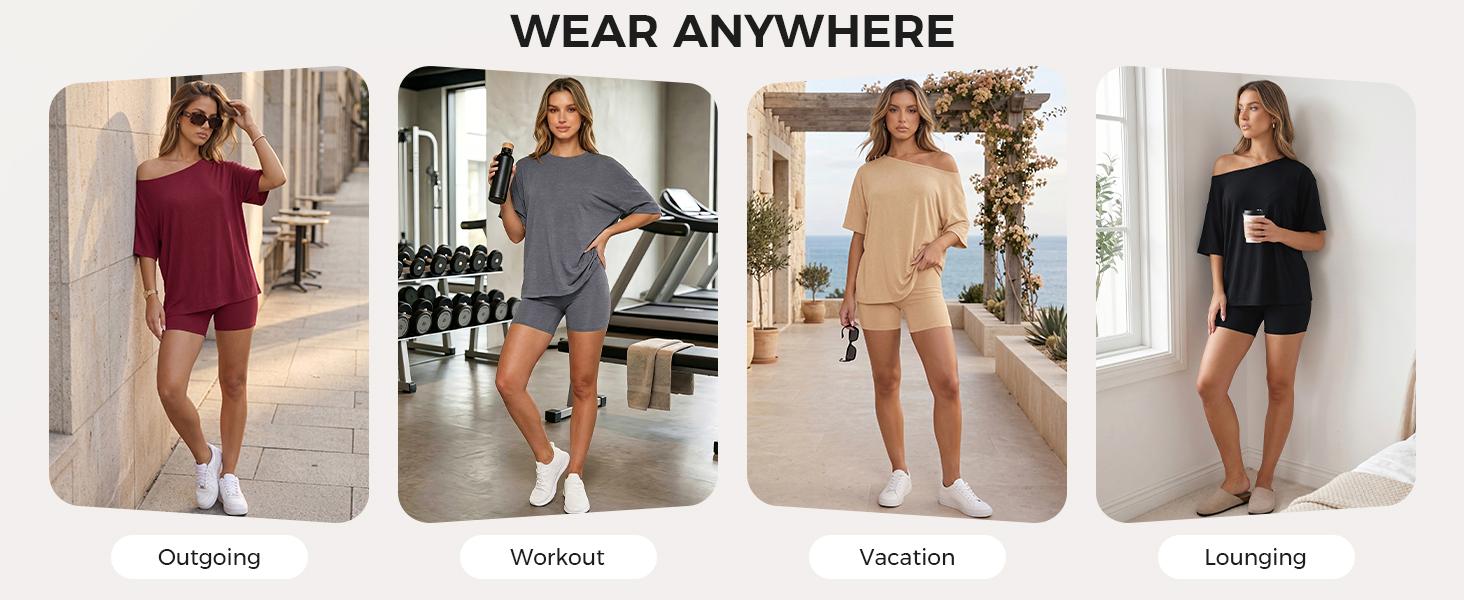 Fisoew Women’s Casual Two Piece Lounge Set Off Shoulder Top & Fitted Shorts Springtok Loungewear Pajama Nightwear Womenswear Clothes Matching pajama pants pajamas sets for women pajama sets women pj sets for women pajamas