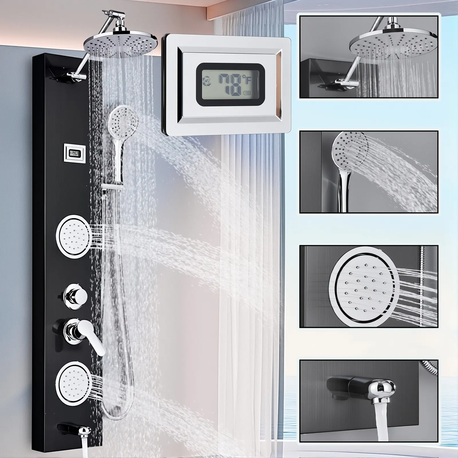 Shower Panel Tower System Stainless Steel Multi-Function, Wall Mounted Shower Panel With 9" Rainfall Head 2x Powerfull Massage Sprays And 3 Modes Hand Shower For Home Hotel Resort Split Type Matte Black