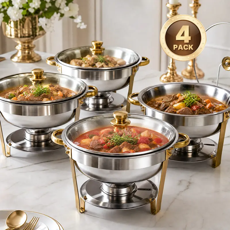 4-Pack Round Chafing Dish Buffet Bakeware Set - Stainless Steel Body with Gold Accents, Glass Lid, Lid Holder; Keeps Food Hot or Cold, Ideal for Catering Events, Family Parties