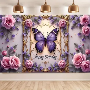 Birthday Celebration Party Background Banner Decoration, Extra-Large Polyester Photography Backdrop, Butterfly Design for Indoor & Outdoor Parties