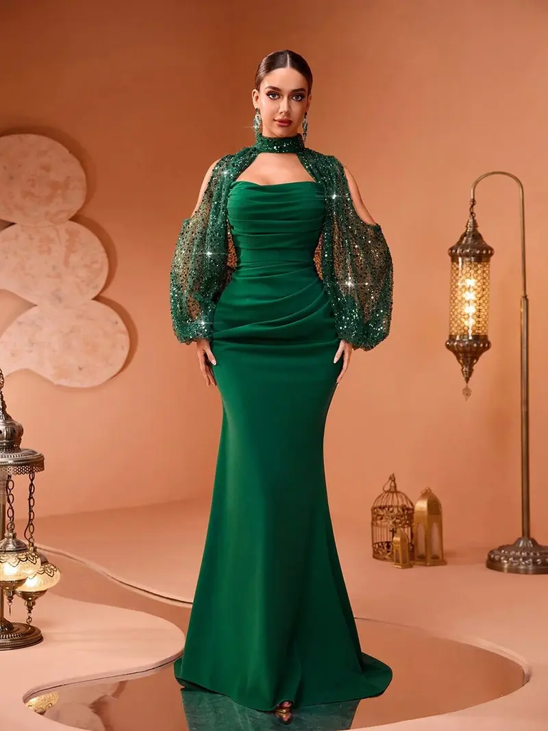 green emerald velvet dress Emerald Green Taffeta Bardot Maxi Dress – WearMyWardrobeOut main image 1