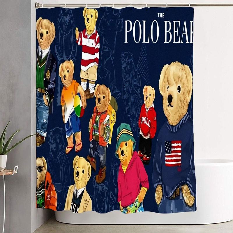 1/4pcs The Polo Bear Bathroom Set - Dark Blue Shower Curtain with Bear Illustrations (Striped Shirts, Casual Attire), Matching Toilet Seat Cover & Bath Mat, Home Decor for Playful Themed Bathrooms, Shower Curtain Sets