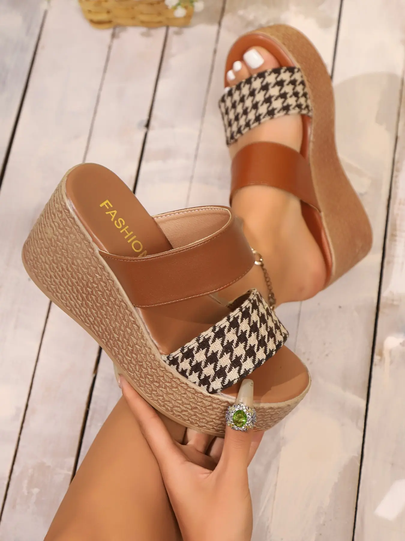 Vintage Quilted Patchwork Thick Sole Sandals, Wedge Heel Open Toe Slip-On Shoes, Versatile Casual Height Increasing Women's Footwear