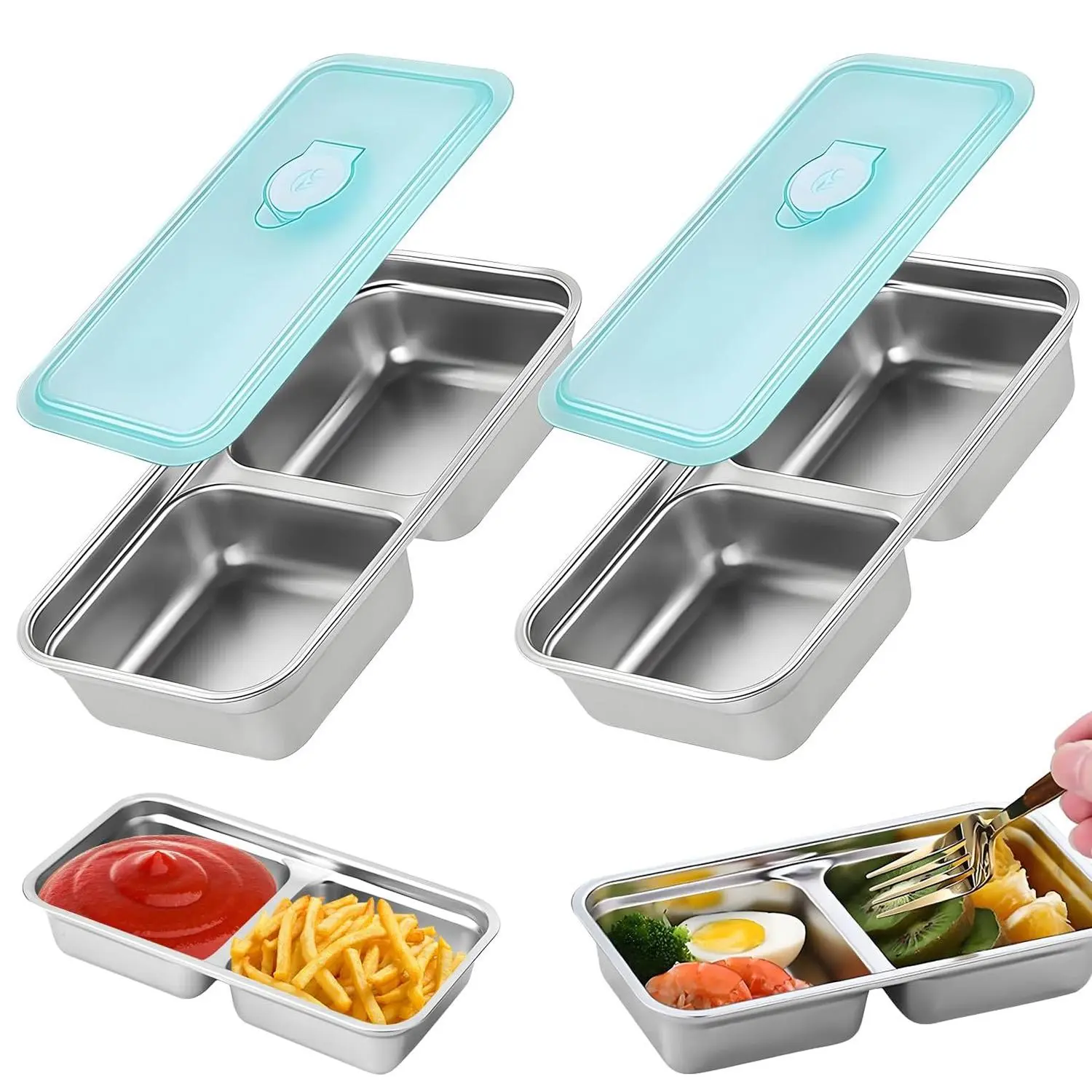 2-Pack 2-Layer Stainless Steel Double Compartment Snack Containers, Leak-Proof Lidded Reusable Portable Kitchen Preserving Containers for Road Trip, Hike, Work Meal Prep