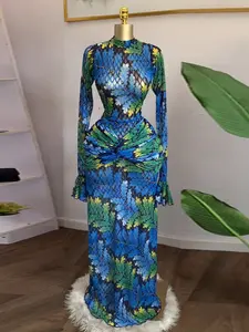 PULKRITU Winter Autumn Women's Round Neckline Flare Long Sleeve Leaf Printed Bodycon, Fitted Midi Dress, Evening Party Sexy Night Out Dress, Dressy Mesh Transparent Dresses, Elastic Holiday Clothing Ruched