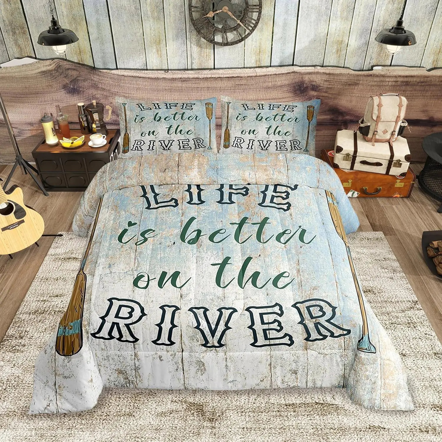 River Theme Comforter Set,Lake Paddles Bedding Set for Adults,Vintage Wood Comforter Luxury Boating Quilt Set Room Decor