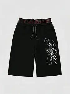 Viral Trendy No Kapool Script Graphic Double Waist Shorts - Oversized Fit With Drawstring Waist And Plaid, Checkered Lined Waistband, Featuring Cursive "No Kapool" Lettering, Ideal For Daily Wear, Street Style Outings, Casual Hangouts