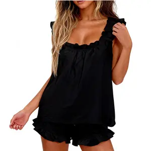 Women’s Pajama Set – Ruffle Trim Sleeveless Top and Shorts with Breathable Loose Fit Fabric, Casual Sleepwear Set, Cozy Home Loungewear PJs, Short Pajama Set, Bridal Pajama, Regular Wear, All-Season Fashion, Stylish Gift