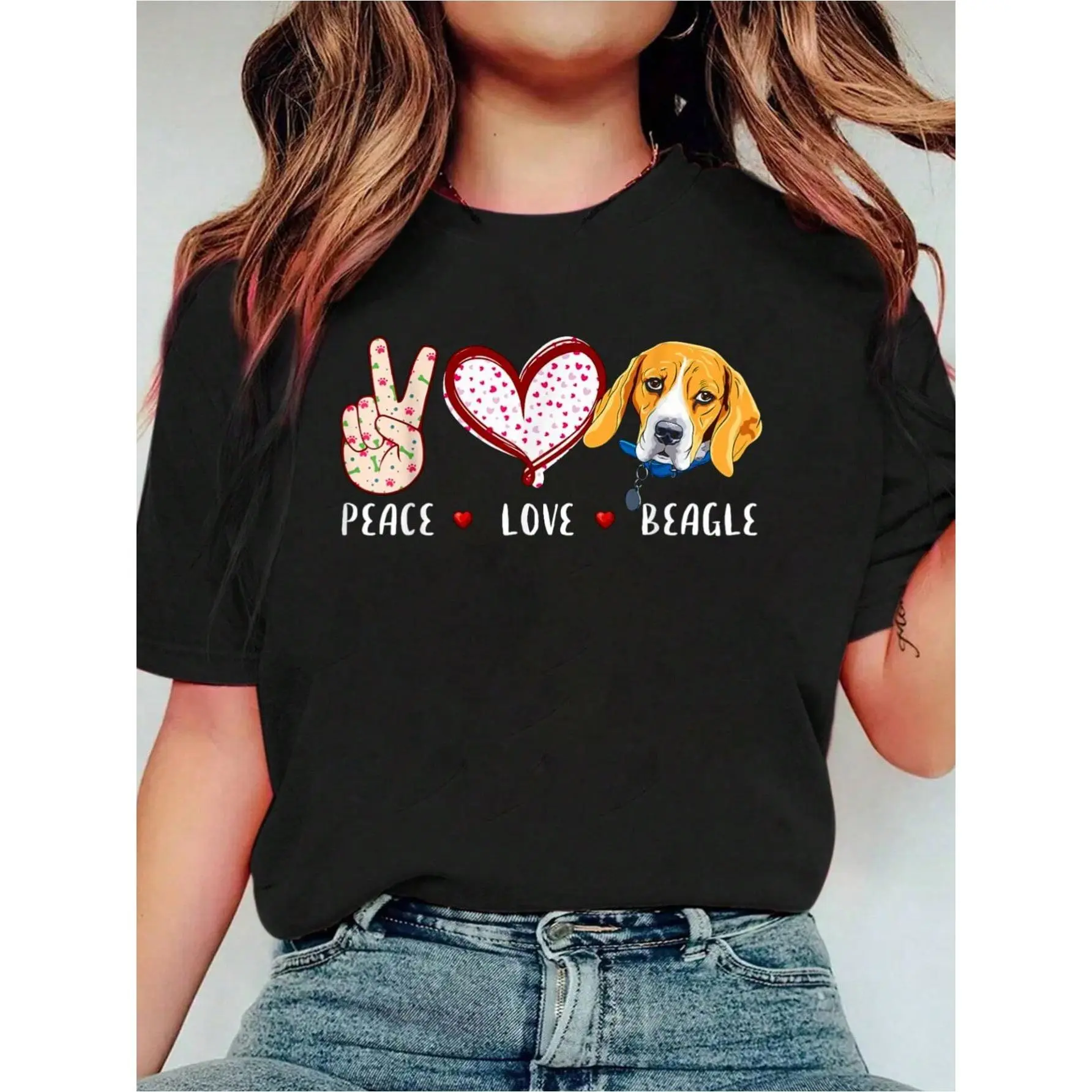 Peace Love Beagle Gift For Men Women Beagle D Print Crew Neck Casual T-Shirt Short Sleeve Sports Top. Smart CasualStreet Style Women's Clothing graphic tees women crop tops summer outfits for women summer tops T-Shirt
