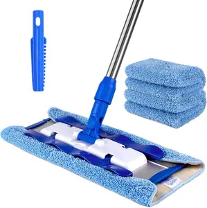 Microfiber Mop for Hardwood, Laminate, Tile Floor Cleaning, Stainless Steel Telescopic Handle - 3 Reusable Flat Mop Refills and 1 Dirt Removal Scrubber Included