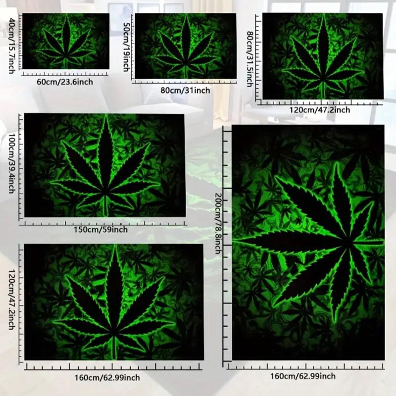 Fluorescent Marijuana Leaves Black Felt Rug - Indoor/Outdoor Use - 15x23/19x31/31x47/39x59/47x63/63x78inches - Machine Washable - 1000g/m²