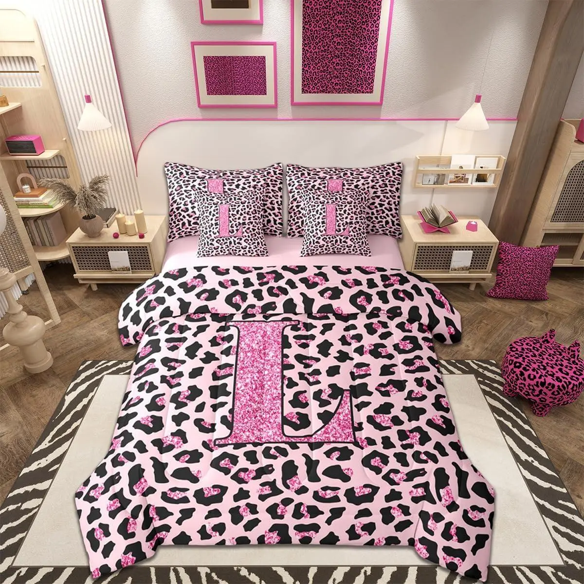 Leopard Print Comforter Set with Sheets 7 Piece Alphabet Personalized Initial Bedding Set Safari Cheetah Animal Fur Print Pink Letter L Bed in a Bag Room Decor