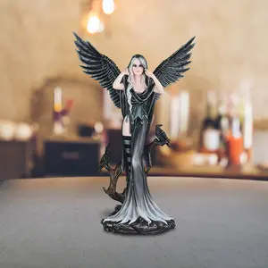 24"H Dark Angel Fairy with Two Crows Statue Fantasy Decoration Figurine Large Sculpture