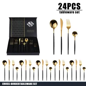 Stainless Steel Cutlery Set, 24pcs/set Including Knife & Fork & Spoon, Gold Cutlery Set Tableware Flatware Set, Festival Kitchen Dinnerware Gift, Dinner Sets, Dinnerware Service Set