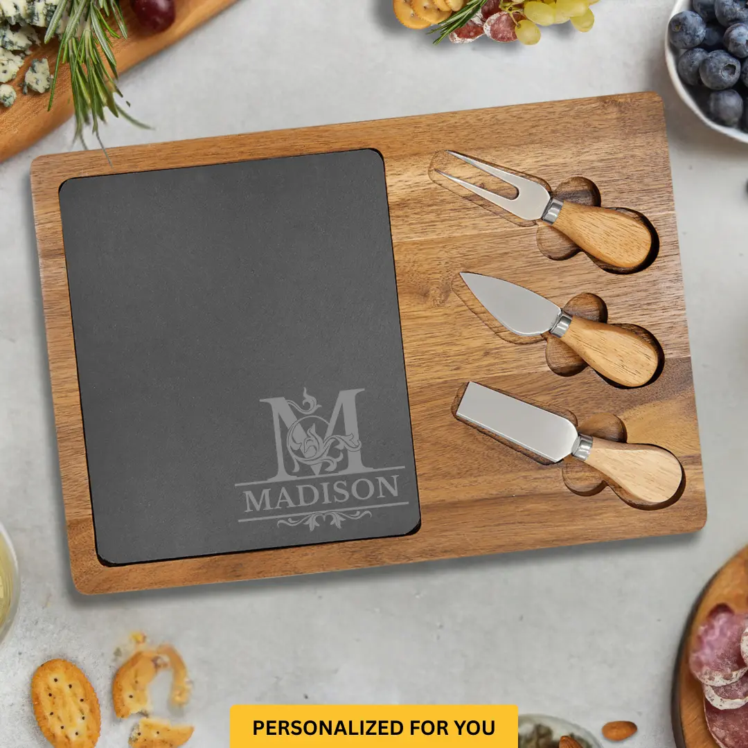 Personalized Charcuterie Board with Corner Monogram Flourish – Custom Engraved Housewarming, Wedding & Closing Gift