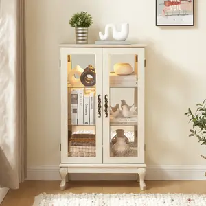 25.99*11.81*43.79 Inch American Retro Lit Glass Display Cabinet, Adjustable Tempered Glass Shelves Curved Leg Curio Cabinet with Wire Hole for Wine Collectibles Books